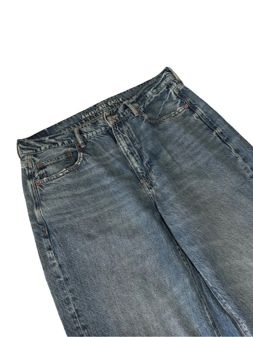 American Eagle Super High Rise Baggy Wide Leg Jeans 12 L | Distressed Raw Hem - Picture 8 of 8